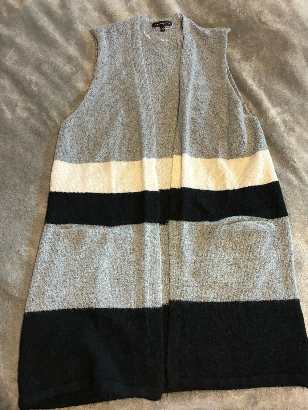 Staccato Gray White Black Sleeveless Open-Front Stripe Cardigan Sweater Vest